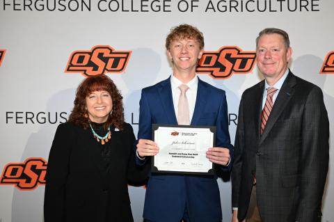 Pictured are Dr. Cynda Clary, associate dean, Ferguson College of Agriculture, Jake Schreiner, and Dr. Jayson Lusk, vice president and dean, OSU Agriculture. Courtesy photo