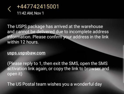 Pictured is an example of a fake United States Postal Service text that was sent to the Frederick Press-Leader. Never click links in emails or texts. If you’re expecting a package, call the carrier directly to find out about the status.