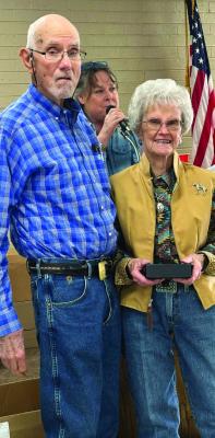 Pictured are John Worthington, Tillman County Junior Livestock Show president, and Virginia Walker. Walker was recently recognized for her 50 years of service to the Tillman County Junior Livestock Show Courtesy photo